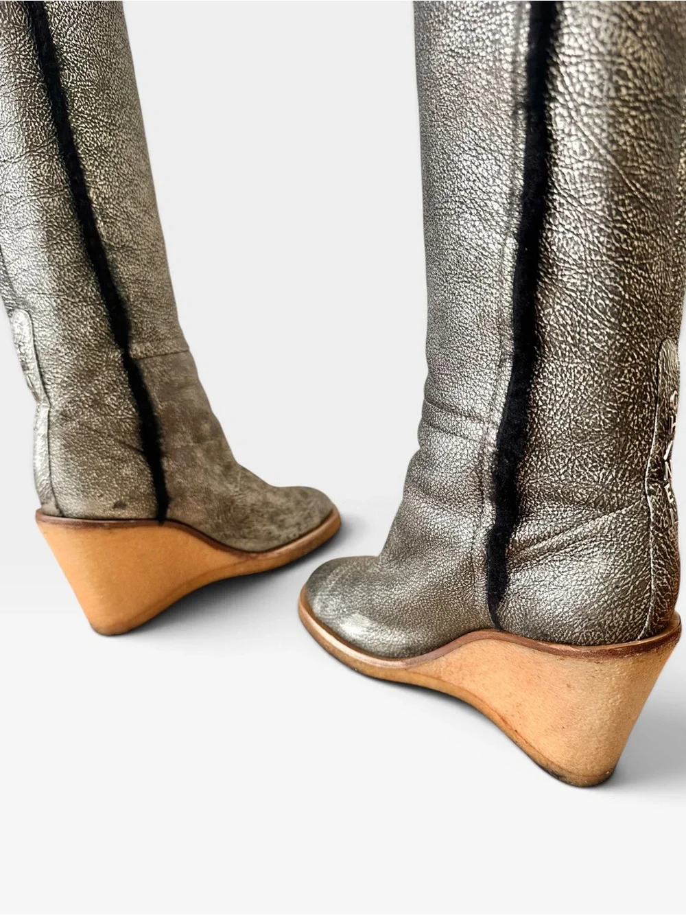 Chanel Karl Lagerfeld Rare Distressed Metallic Sheepskin Shearling Wedge Boot 40
